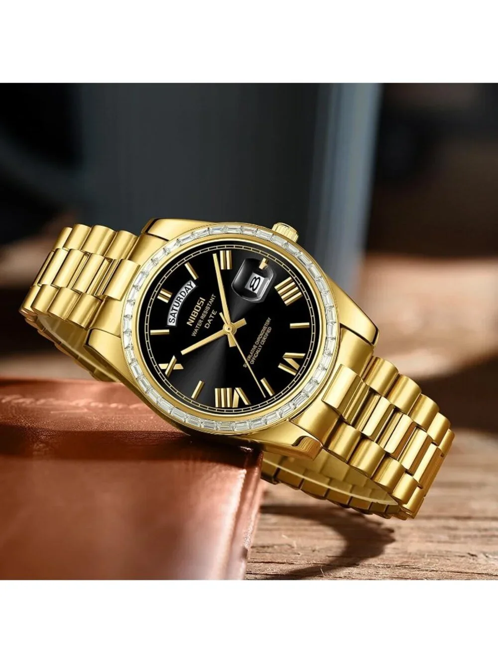 Nibosi Men's Gold Black Analog Quartz Diamond Bezel Stainless Waterproof Watch